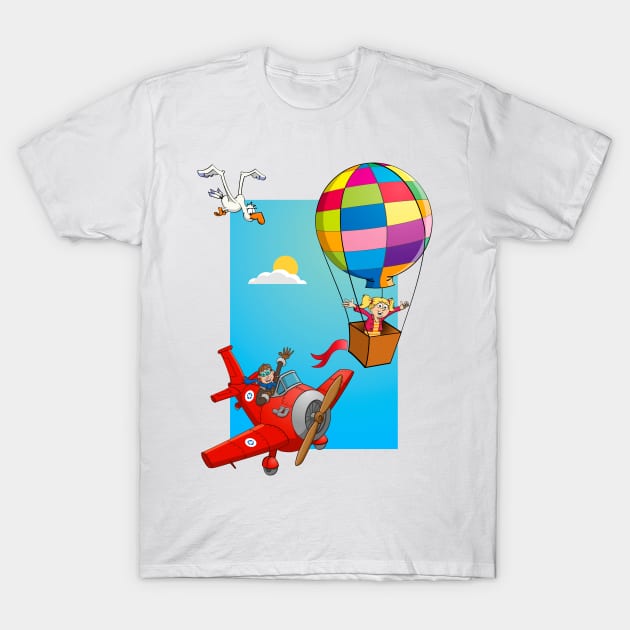 Cartoon style drawing of a girl in a balloon and a red airplane. T-Shirt by Stefs-Red-Shop